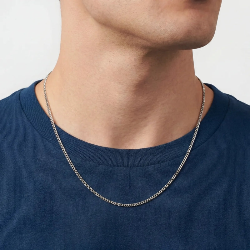 minimalist silver chain men navy tee