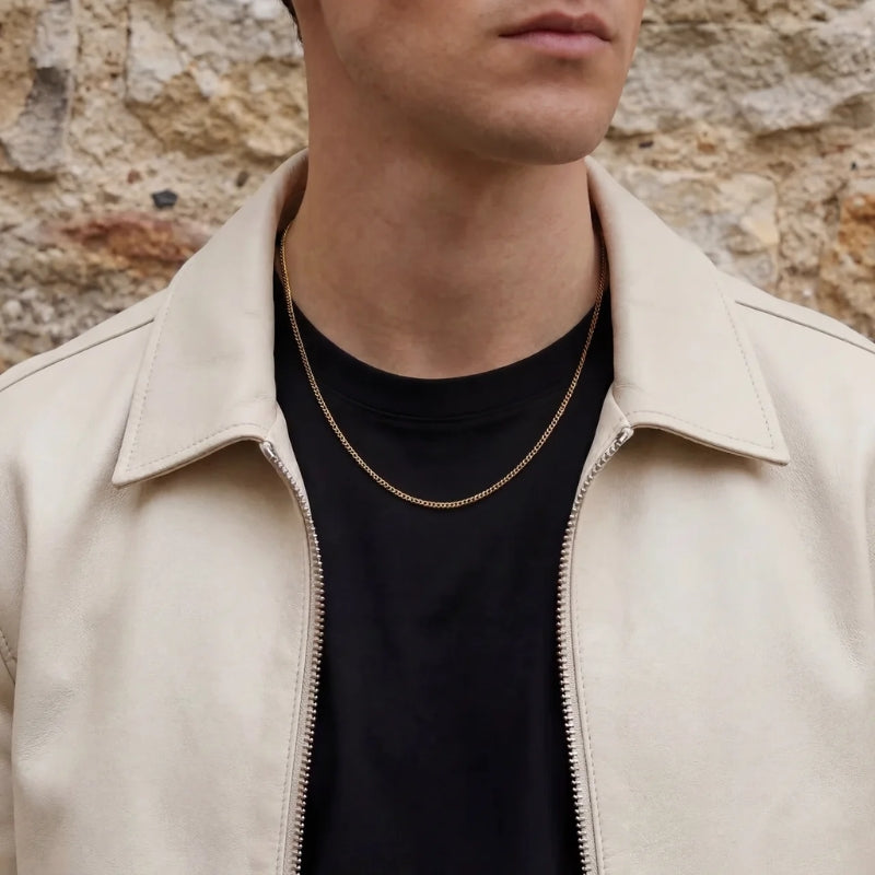 gold chain men styled cream jacket